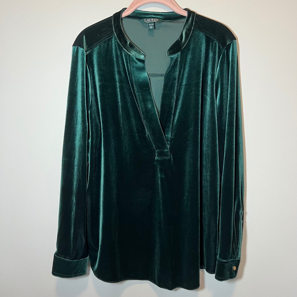 Lauren Ralph Lauren Emerald Green Velvet Split Neck Blouse XL Women's Top Luxury